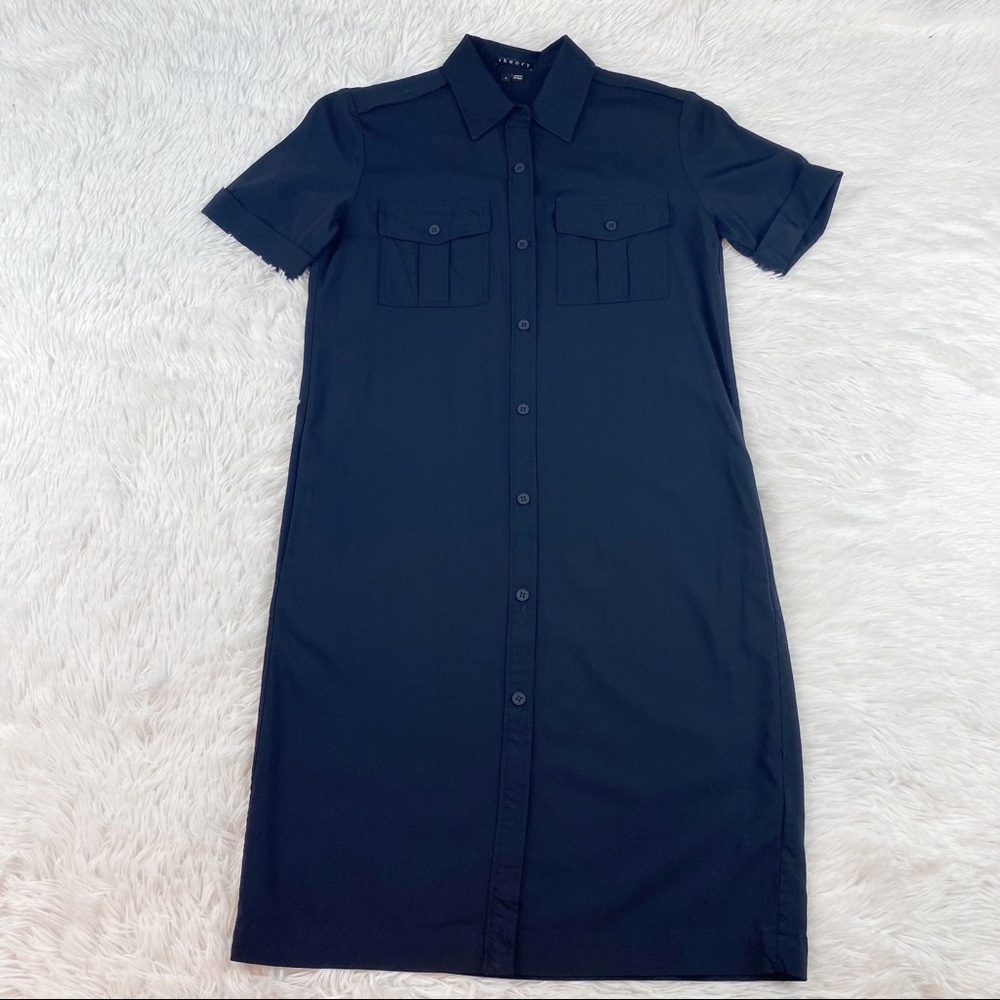 Theory‎ short sleeve wool blend shirt dress button front navy blue pockets